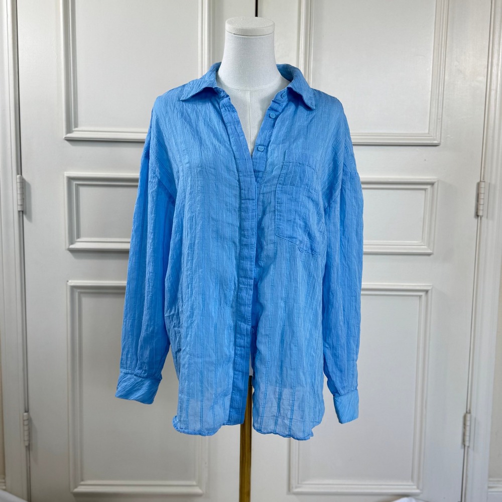 Zara Oversized Long Sleeve Button Up Shirt Women's S Light Blue Textured Basic